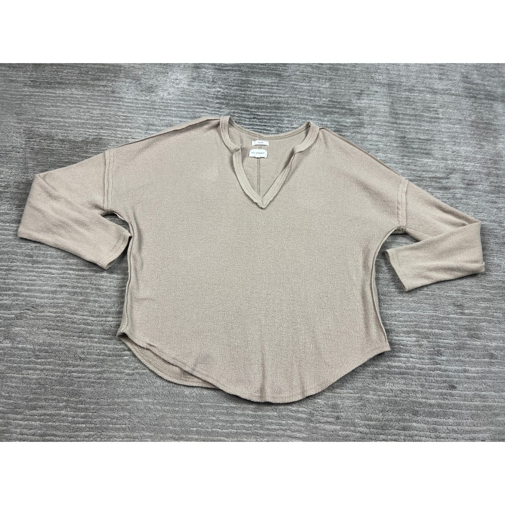 Blu Pepper Top Womens Medium Tan Cozy Life Waffle Knit Split V-Neck CR1270-T